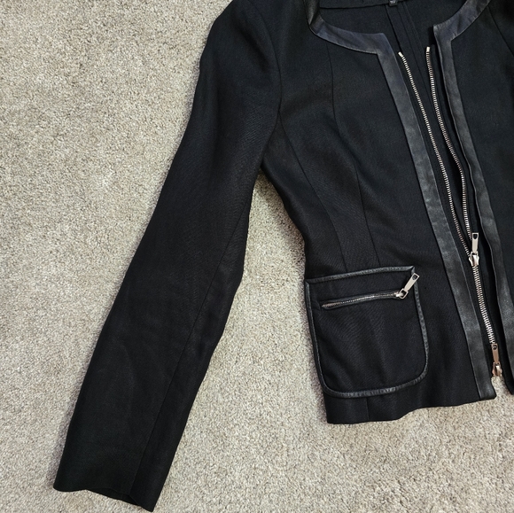 Lafayette 148 New York Black Linen Full Zip Jacket with Leather Accents 6P - Picture 4 of 12